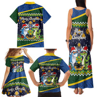 Funny Crocodile and Shark Solomon Islands Christmas Family Matching Tank Maxi Dress and Hawaiian Shirt with National Seal Melanesian Pattern LT03 - Polynesian Pride