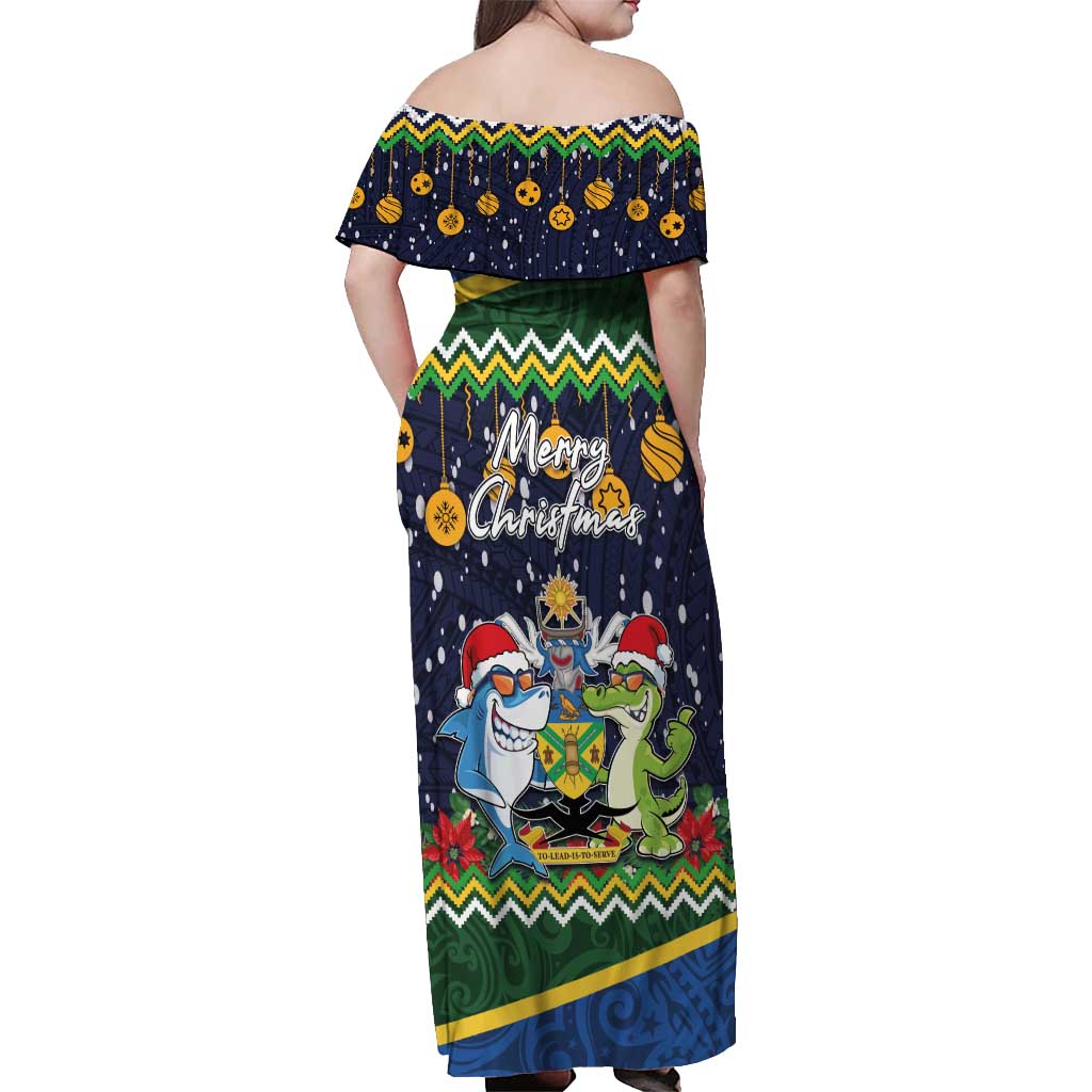 Funny Crocodile and Shark Solomon Islands Christmas Off Shoulder Maxi Dress with National Seal Melanesian Pattern