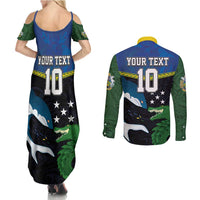 Custom Solomon Islands Rugby Couples Matching Summer Maxi Dress and Long Sleeve Button Shirt Arty Shark and Crocodile Solomon Islands National Emblems