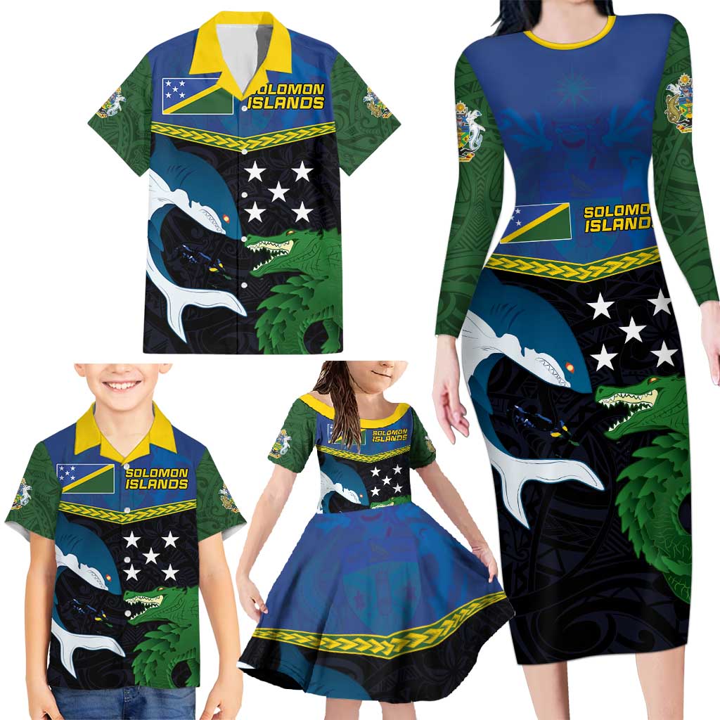 Custom Solomon Islands Rugby Family Matching Long Sleeve Bodycon Dress and Hawaiian Shirt Arty Shark and Crocodile Solomon Islands National Emblems LT03 - Polynesian Pride