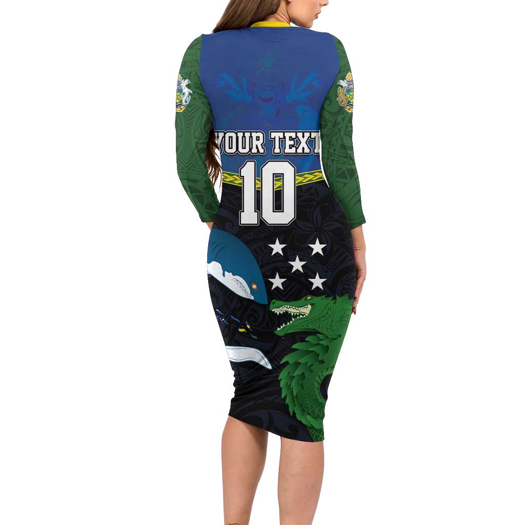 Custom Solomon Islands Rugby Family Matching Long Sleeve Bodycon Dress and Hawaiian Shirt Arty Shark and Crocodile Solomon Islands National Emblems LT03 - Polynesian Pride