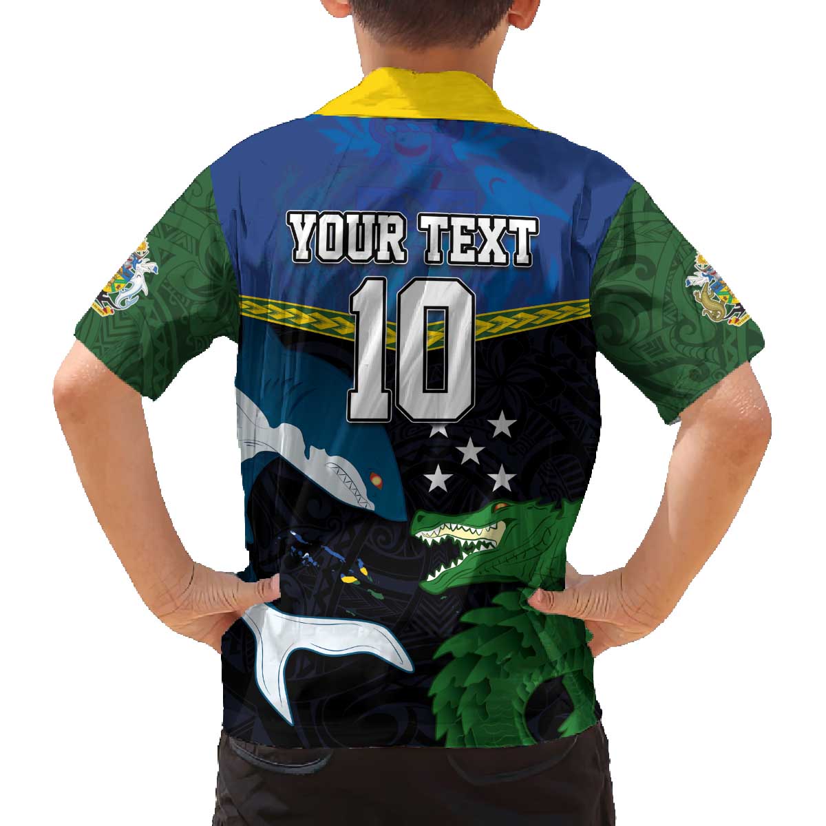 Custom Solomon Islands Rugby Family Matching Off The Shoulder Long Sleeve Dress and Hawaiian Shirt Arty Shark and Crocodile Solomon Islands National Emblems LT03 - Polynesian Pride