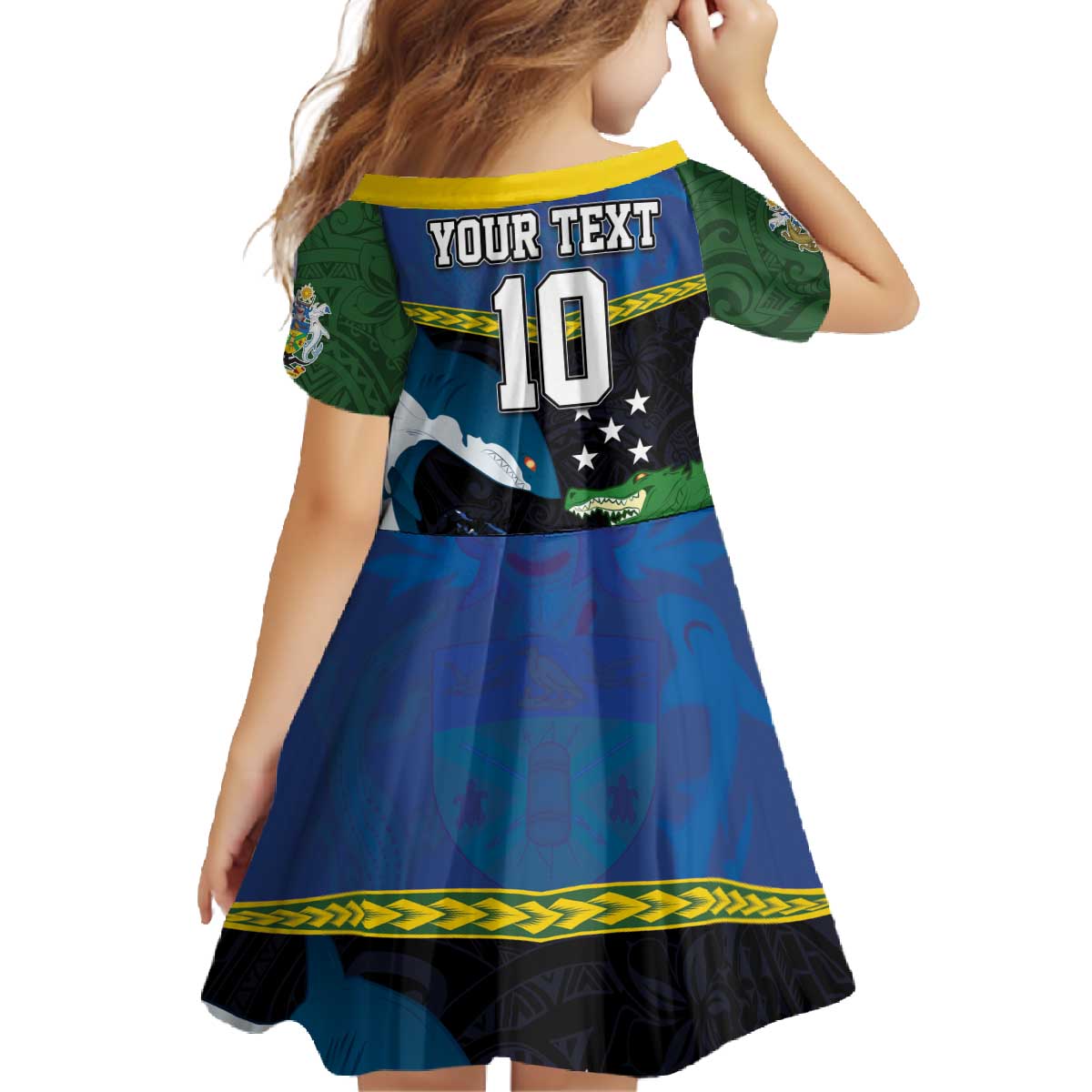 Custom Solomon Islands Rugby Family Matching Off The Shoulder Long Sleeve Dress and Hawaiian Shirt Arty Shark and Crocodile Solomon Islands National Emblems LT03 - Polynesian Pride