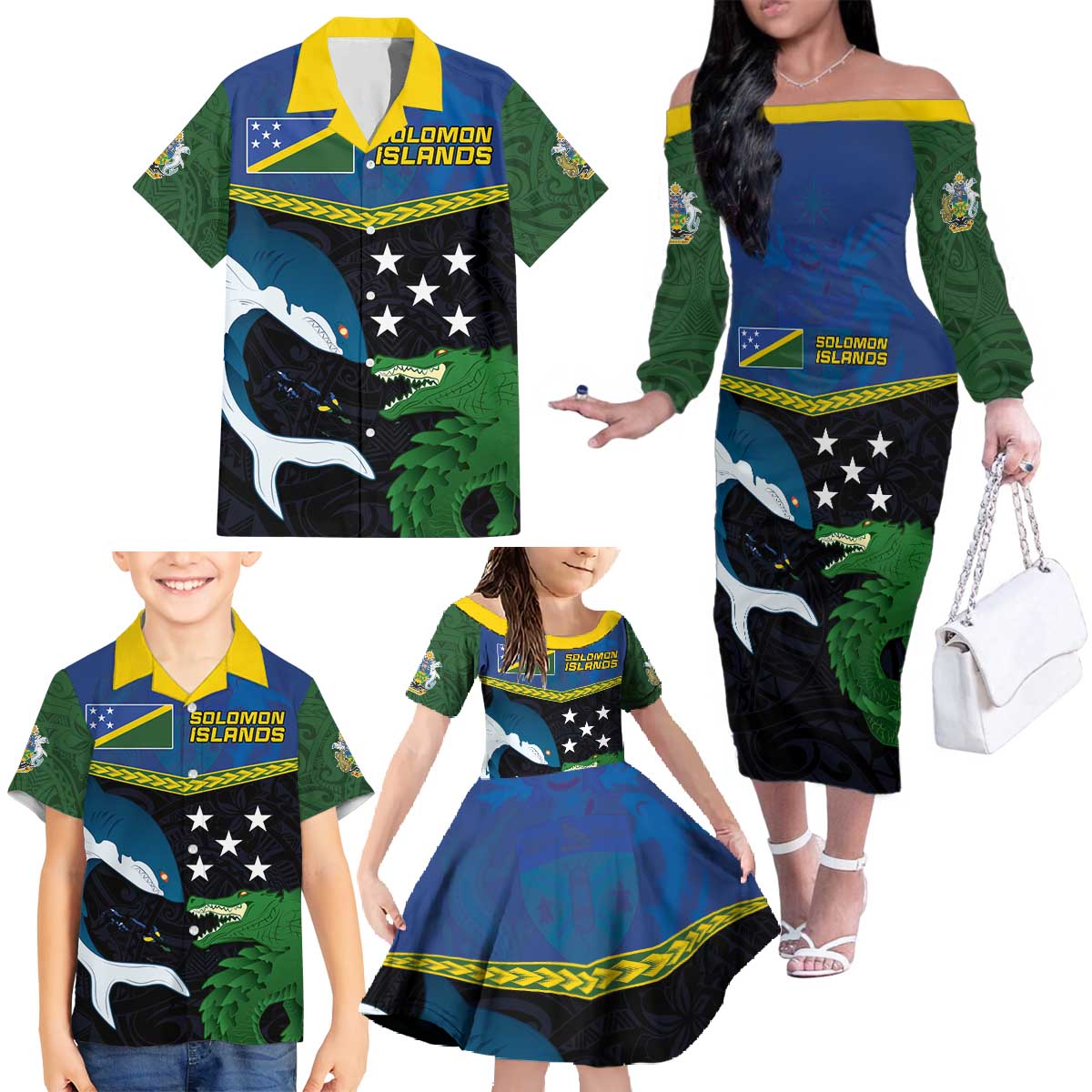 Custom Solomon Islands Rugby Family Matching Off The Shoulder Long Sleeve Dress and Hawaiian Shirt Arty Shark and Crocodile Solomon Islands National Emblems LT03 - Polynesian Pride