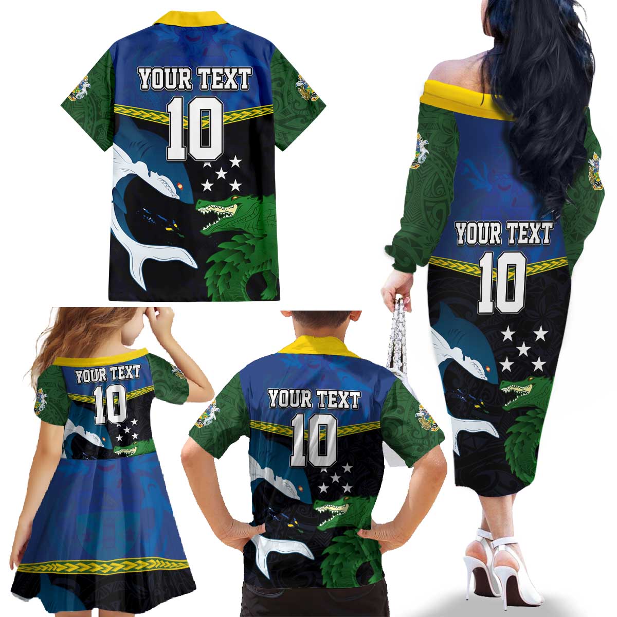 Custom Solomon Islands Rugby Family Matching Off The Shoulder Long Sleeve Dress and Hawaiian Shirt Arty Shark and Crocodile Solomon Islands National Emblems LT03 - Polynesian Pride