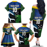 Custom Solomon Islands Rugby Family Matching Off The Shoulder Long Sleeve Dress and Hawaiian Shirt Arty Shark and Crocodile Solomon Islands National Emblems LT03 - Polynesian Pride