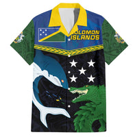 Custom Solomon Islands Rugby Family Matching Off The Shoulder Long Sleeve Dress and Hawaiian Shirt Arty Shark and Crocodile Solomon Islands National Emblems LT03 Dad's Shirt - Short Sleeve Blue - Polynesian Pride