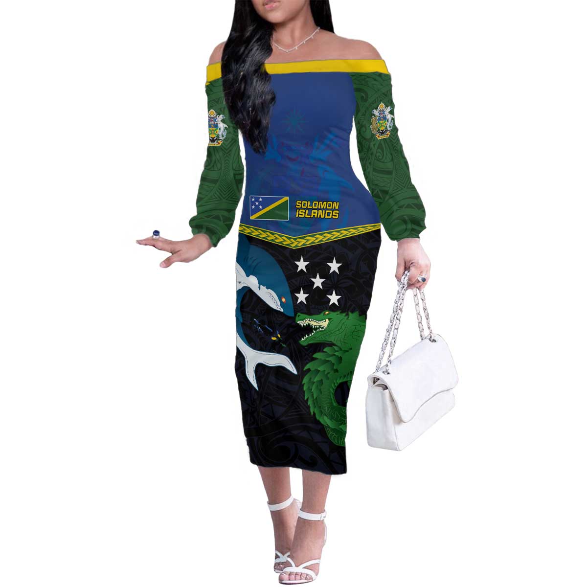 Custom Solomon Islands Rugby Family Matching Off The Shoulder Long Sleeve Dress and Hawaiian Shirt Arty Shark and Crocodile Solomon Islands National Emblems LT03 Mom's Dress Blue - Polynesian Pride