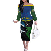 Custom Solomon Islands Rugby Family Matching Off The Shoulder Long Sleeve Dress and Hawaiian Shirt Arty Shark and Crocodile Solomon Islands National Emblems LT03 Mom's Dress Blue - Polynesian Pride