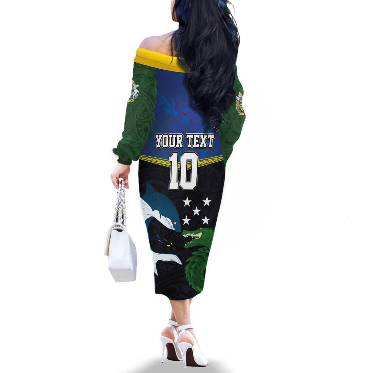 Custom Solomon Islands Rugby Family Matching Off The Shoulder Long Sleeve Dress and Hawaiian Shirt Arty Shark and Crocodile Solomon Islands National Emblems LT03 - Polynesian Pride