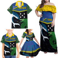 Custom Solomon Islands Rugby Family Matching Off Shoulder Maxi Dress and Hawaiian Shirt Arty Shark and Crocodile Solomon Islands National Emblems LT03 - Polynesian Pride