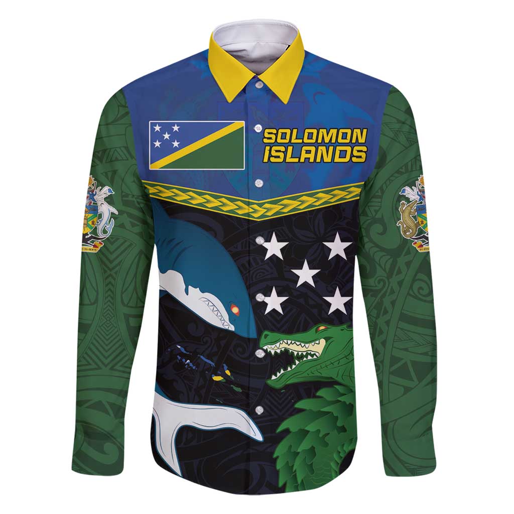 Custom Solomon Islands Rugby Family Matching Off Shoulder Maxi Dress and Hawaiian Shirt Arty Shark and Crocodile Solomon Islands National Emblems LT03 Dad's Shirt - Long Sleeve Blue - Polynesian Pride