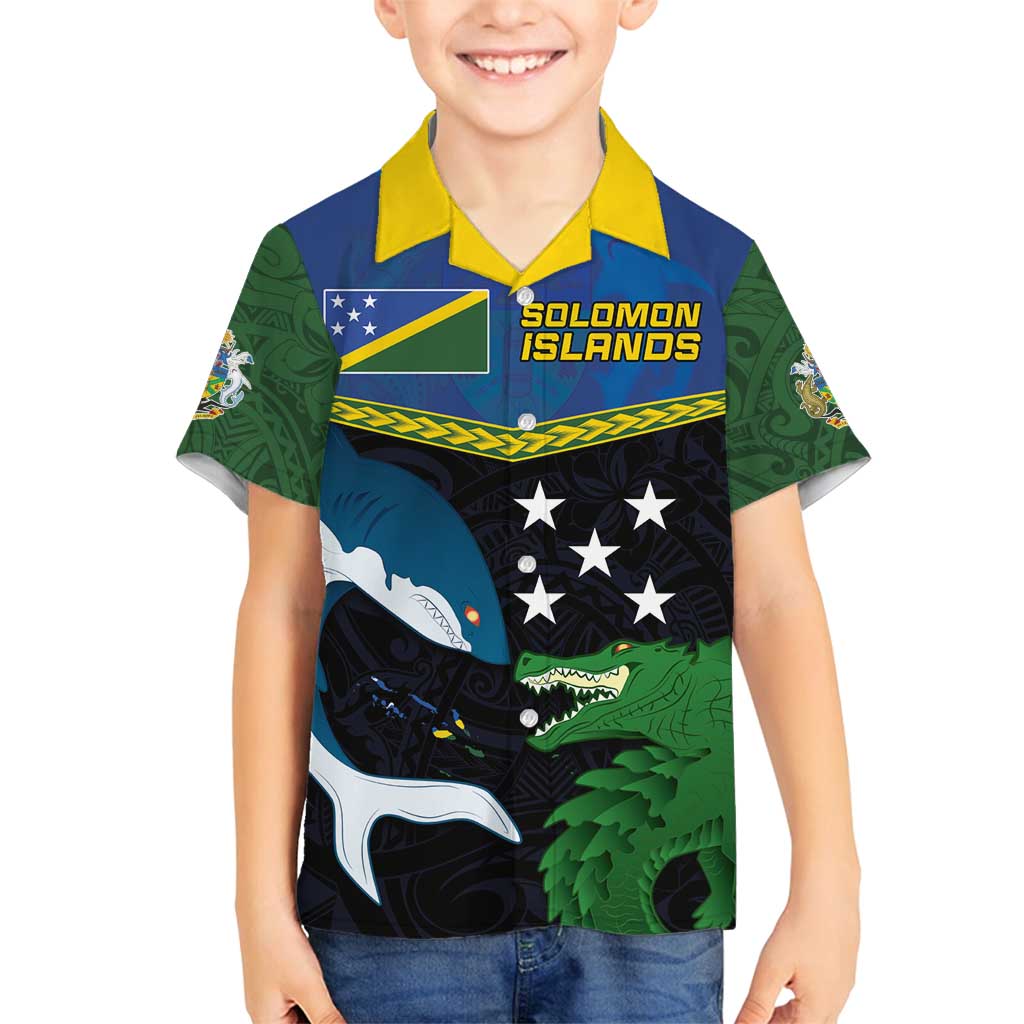 Custom Solomon Islands Rugby Family Matching Off Shoulder Maxi Dress and Hawaiian Shirt Arty Shark and Crocodile Solomon Islands National Emblems LT03 Son's Shirt Blue - Polynesian Pride
