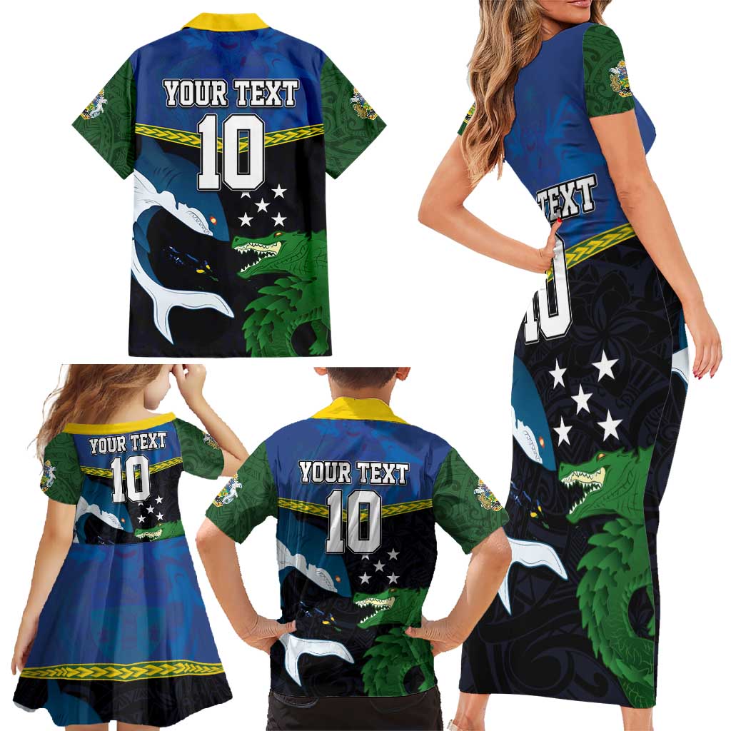 Custom Solomon Islands Rugby Family Matching Short Sleeve Bodycon Dress and Hawaiian Shirt Arty Shark and Crocodile Solomon Islands National Emblems LT03 - Polynesian Pride