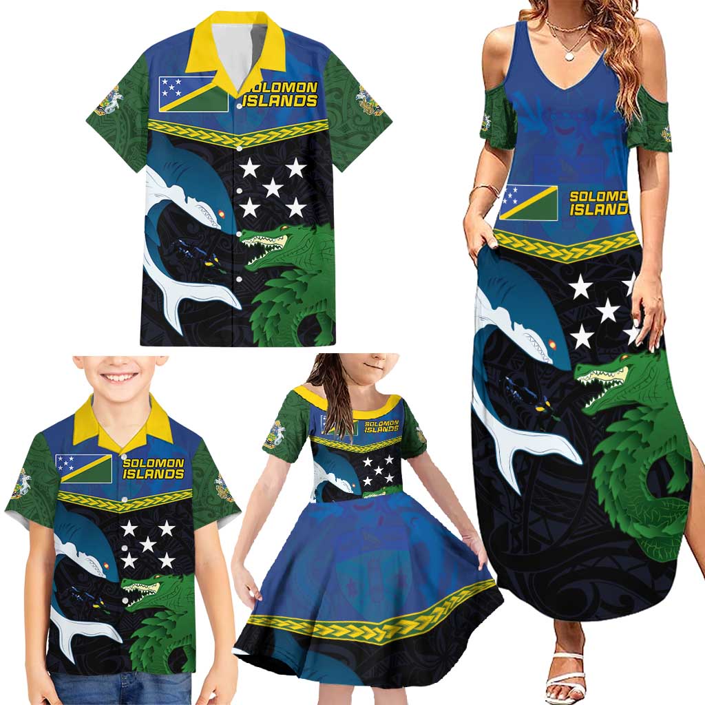 Custom Solomon Islands Rugby Family Matching Summer Maxi Dress and Hawaiian Shirt Arty Shark and Crocodile Solomon Islands National Emblems LT03 - Polynesian Pride