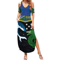 Custom Solomon Islands Rugby Family Matching Summer Maxi Dress and Hawaiian Shirt Arty Shark and Crocodile Solomon Islands National Emblems LT03 Mom's Dress Blue - Polynesian Pride