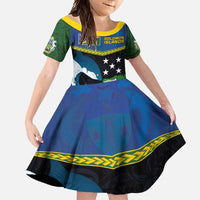 Custom Solomon Islands Rugby Family Matching Tank Maxi Dress and Hawaiian Shirt Arty Shark and Crocodile Solomon Islands National Emblems LT03 Daughter's Dress Blue - Polynesian Pride