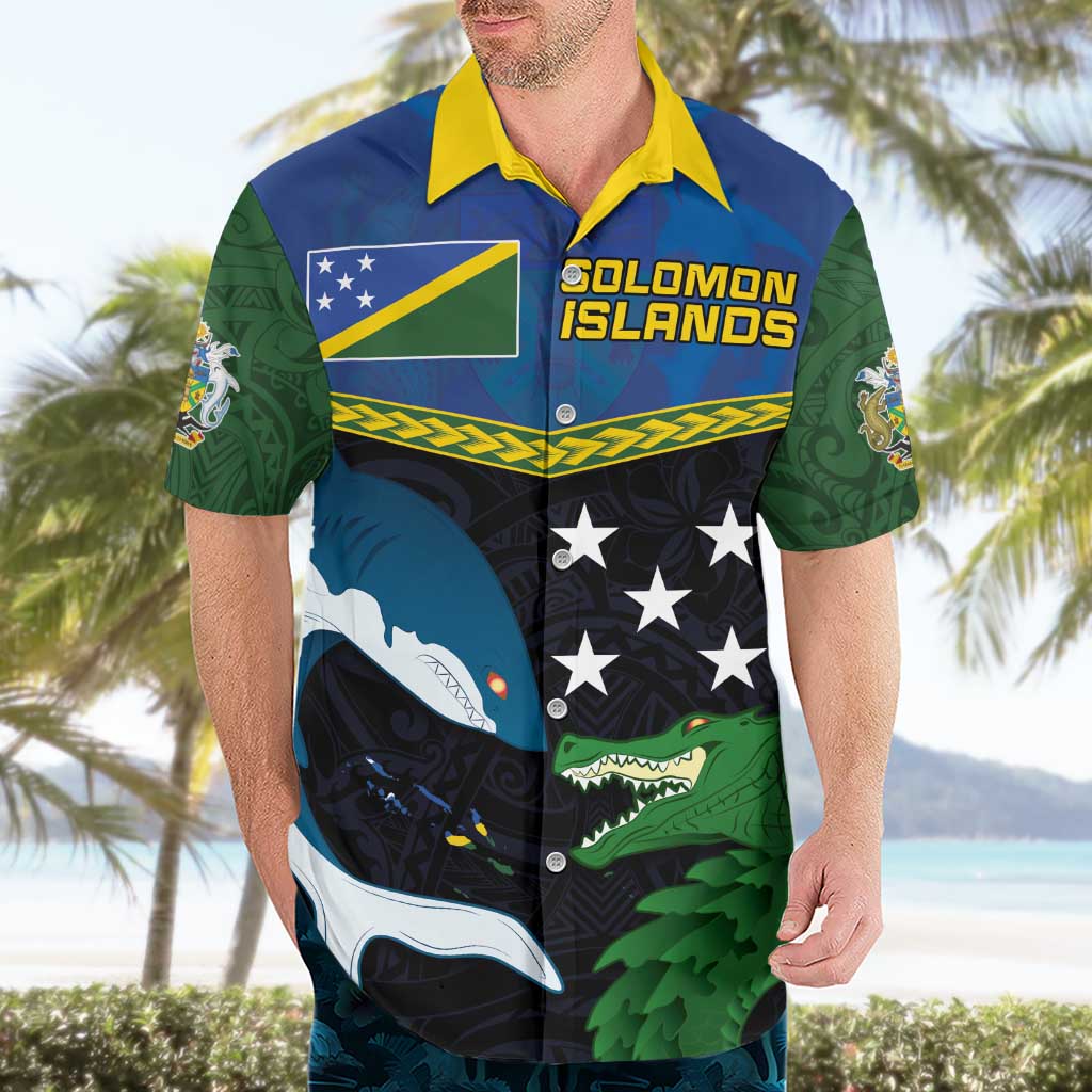 Custom Solomon Islands Rugby Hawaiian Shirt Arty Shark and Crocodile Solomon Islands National Emblems LT03 - Polynesian Pride