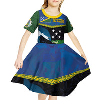 Custom Solomon Islands Rugby Kid Short Sleeve Dress Arty Shark and Crocodile Solomon Islands National Emblems