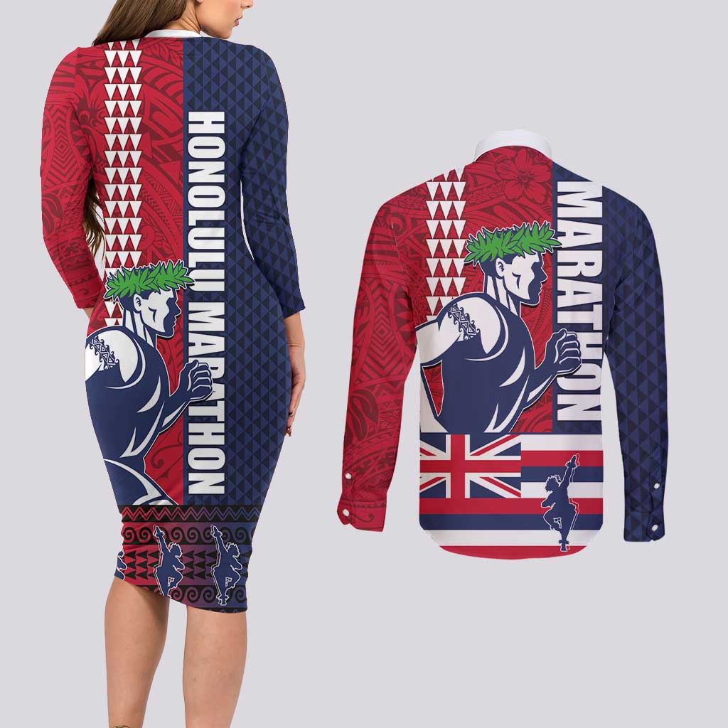 Honolulu Running 2024 Couples Matching Long Sleeve Bodycon Dress and Long Sleeve Button Shirt Marathon Competition Hula Runner and Kakau Art Tattoo