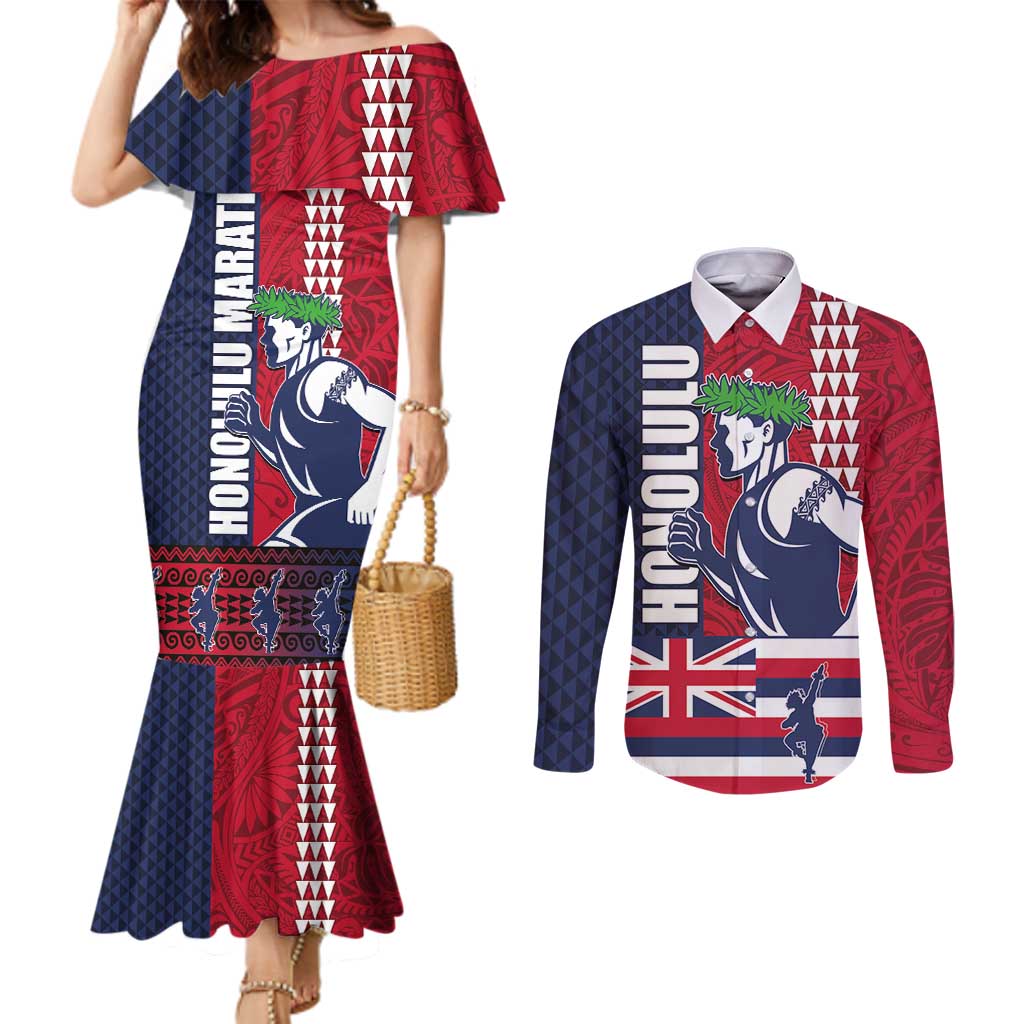 Honolulu Running 2024 Couples Matching Mermaid Dress and Long Sleeve Button Shirt Marathon Competition Hula Runner and Kakau Art Tattoo