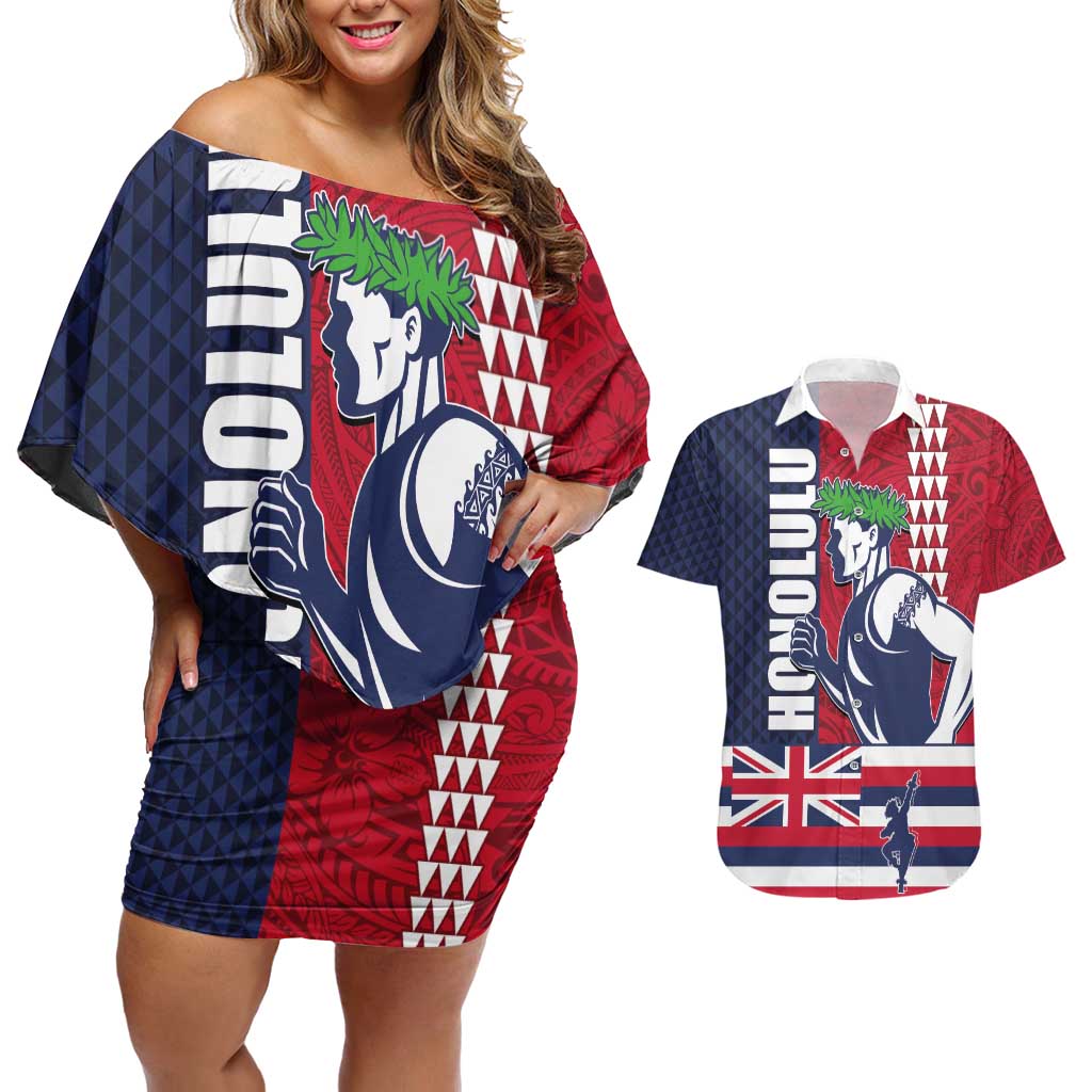 Honolulu Running 2024 Couples Matching Off Shoulder Short Dress and Hawaiian Shirt Marathon Competition Hula Runner and Kakau Art Tattoo