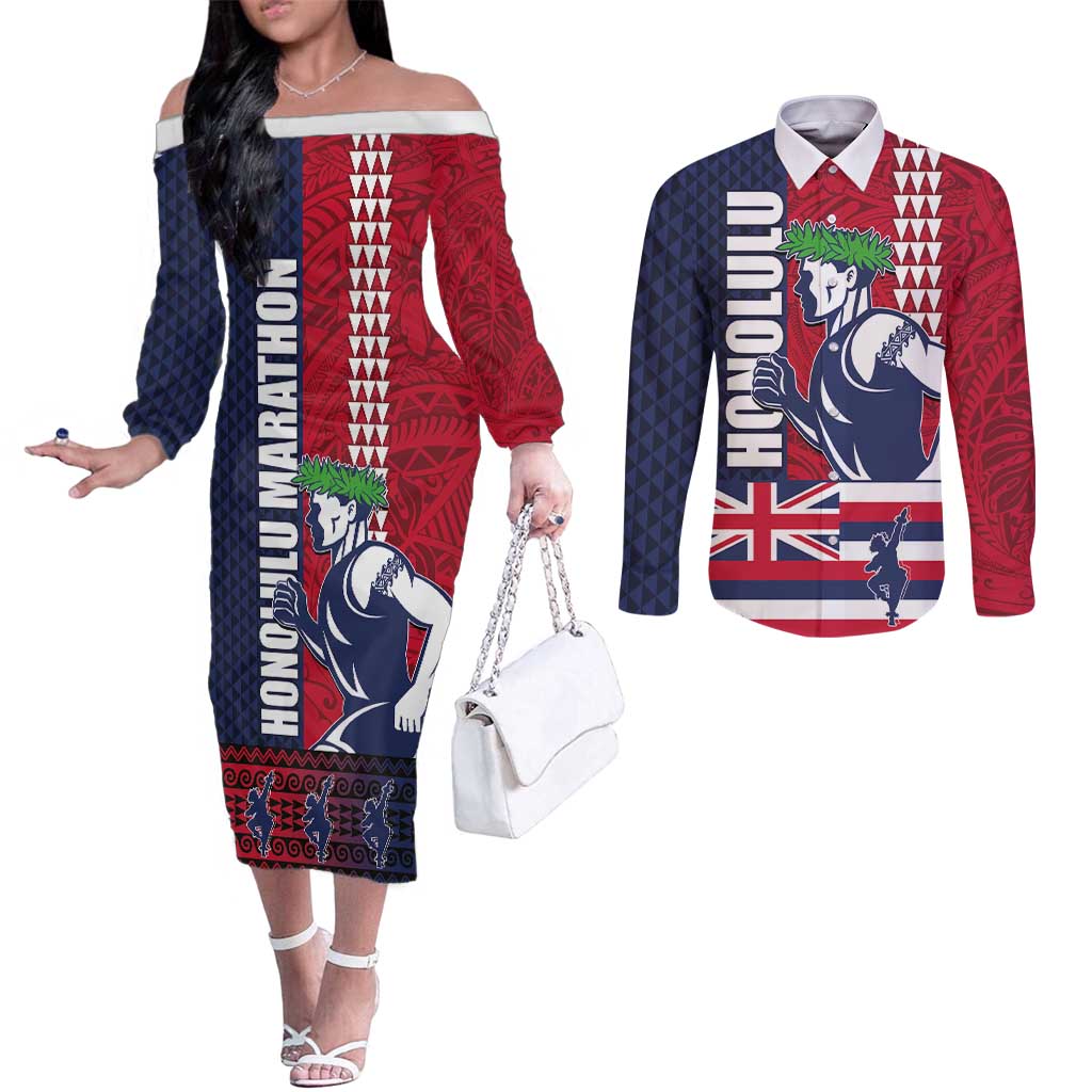 Honolulu Running 2024 Couples Matching Off The Shoulder Long Sleeve Dress and Long Sleeve Button Shirt Marathon Competition Hula Runner and Kakau Art Tattoo