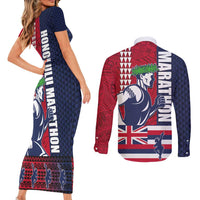 Honolulu Running 2024 Couples Matching Short Sleeve Bodycon Dress and Long Sleeve Button Shirt Marathon Competition Hula Runner and Kakau Art Tattoo