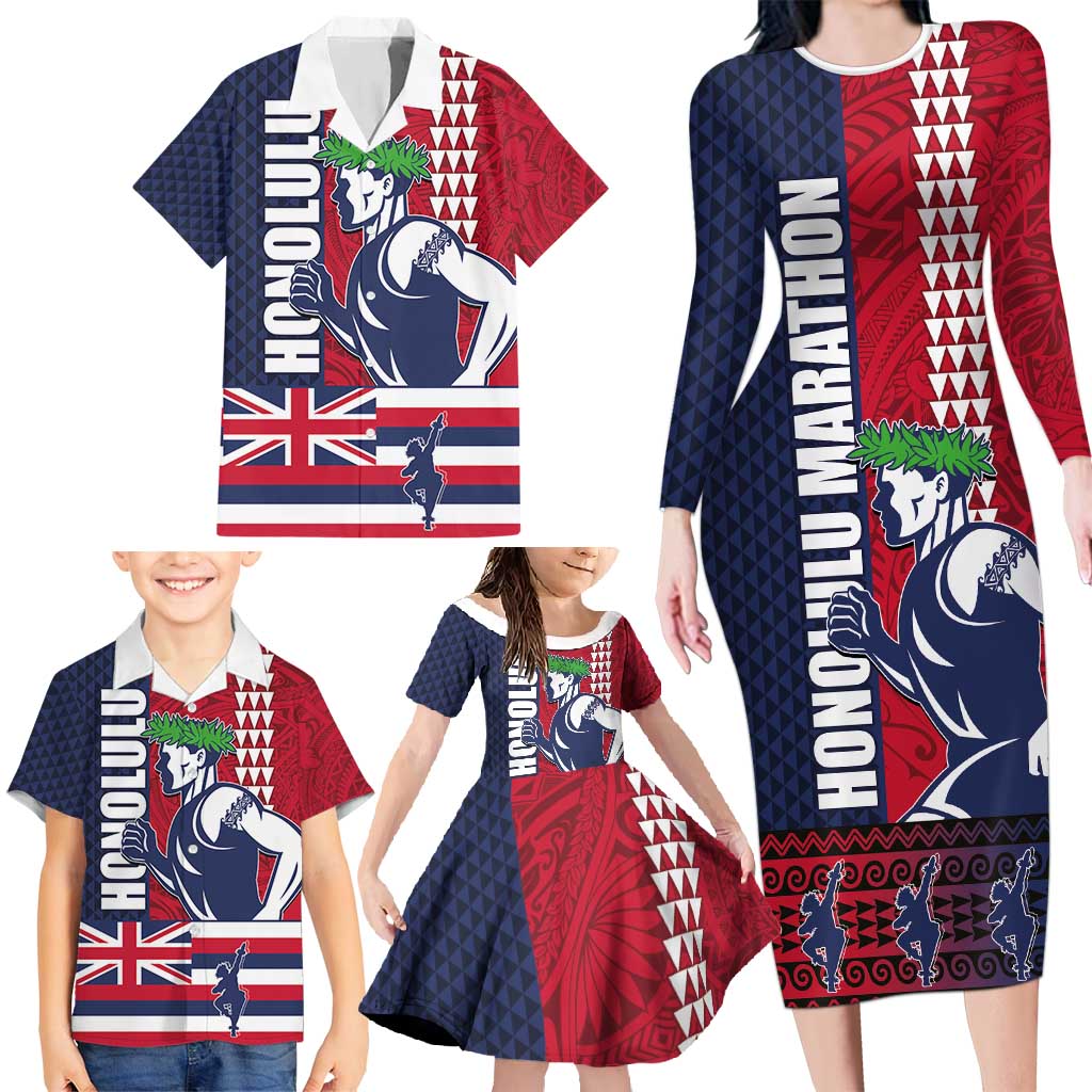 Honolulu Running 2024 Family Matching Long Sleeve Bodycon Dress and Hawaiian Shirt Marathon Competition Hula Runner and Kakau Art Tattoo LT03 - Polynesian Pride