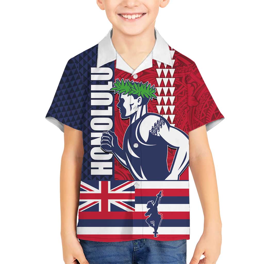 Honolulu Running 2024 Family Matching Long Sleeve Bodycon Dress and Hawaiian Shirt Marathon Competition Hula Runner and Kakau Art Tattoo LT03 Son's Shirt Blue - Polynesian Pride