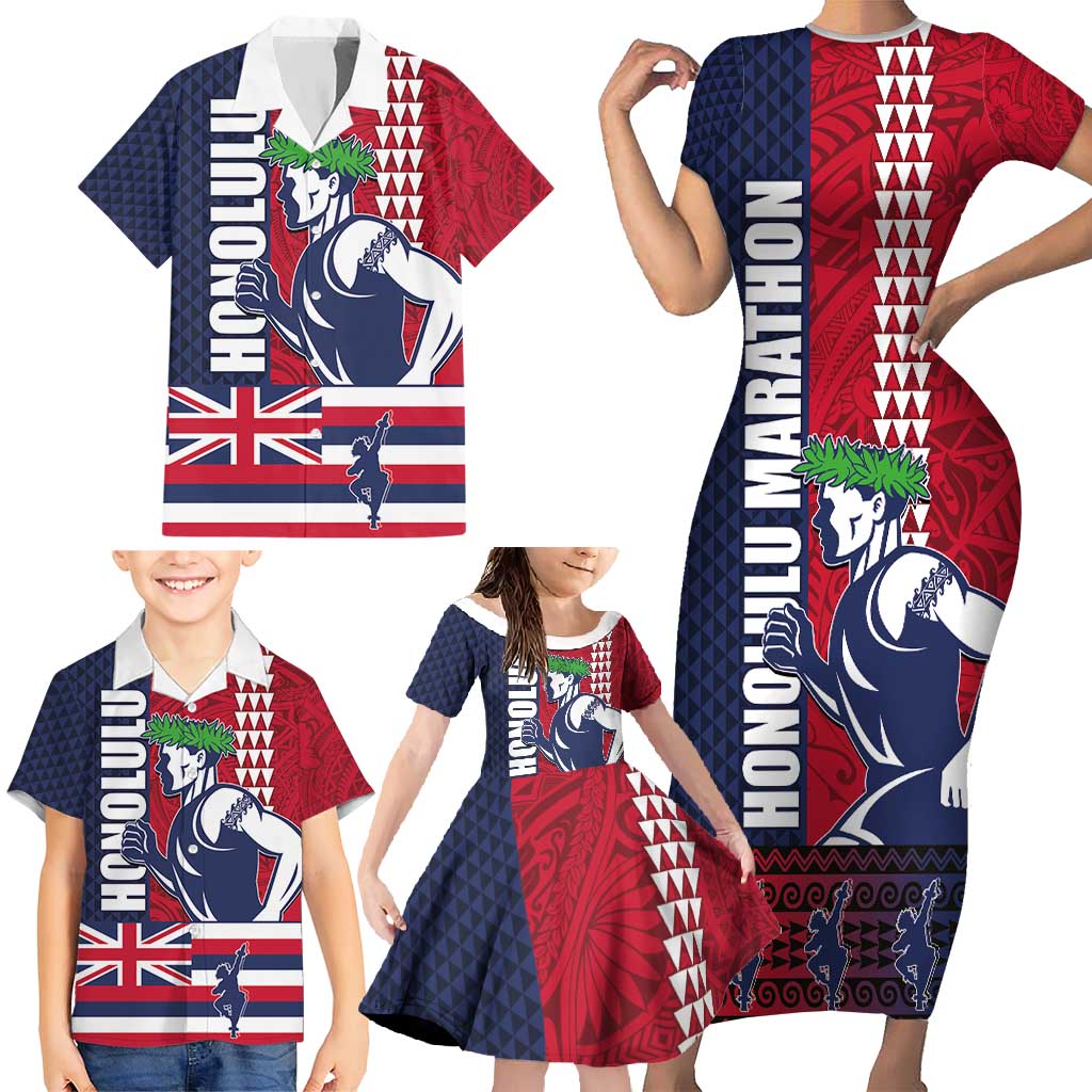 Honolulu Running 2024 Family Matching Short Sleeve Bodycon Dress and Hawaiian Shirt Marathon Competition Hula Runner and Kakau Art Tattoo LT03 - Polynesian Pride