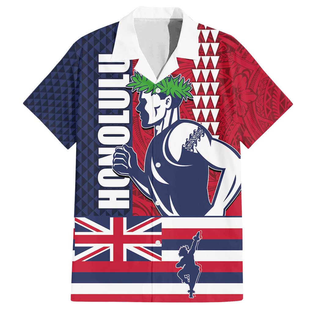 Honolulu Running 2024 Family Matching Tank Maxi Dress and Hawaiian Shirt Marathon Competition Hula Runner and Kakau Art Tattoo LT03 Dad's Shirt - Short Sleeve Blue - Polynesian Pride