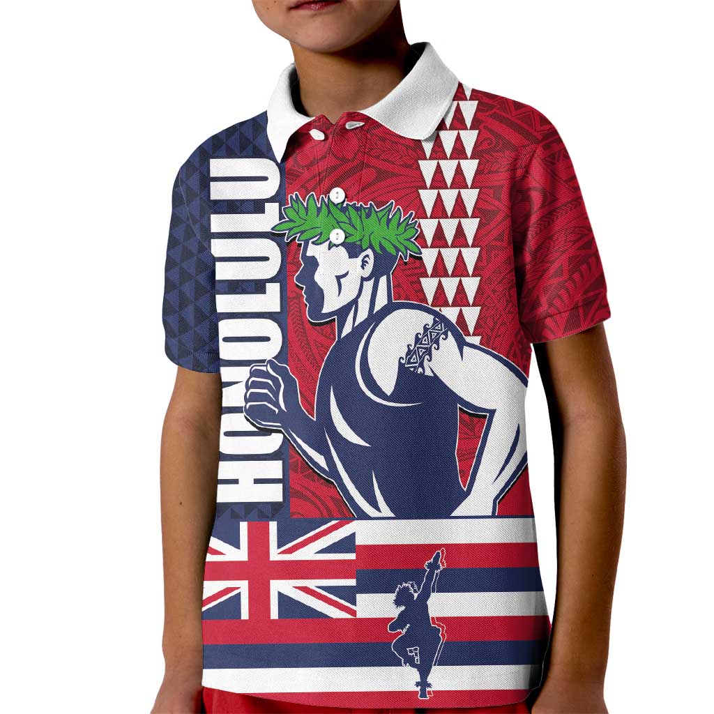 Honolulu Running 2024 Kid Polo Shirt Marathon Competition Hula Runner and Kakau Art Tattoo