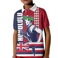 Honolulu Running 2024 Kid Polo Shirt Marathon Competition Hula Runner and Kakau Art Tattoo