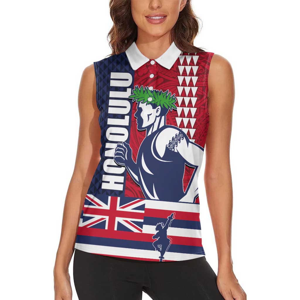 Honolulu Running 2024 Women Sleeveless Polo Shirt Marathon Competition Hula Runner and Kakau Art Tattoo