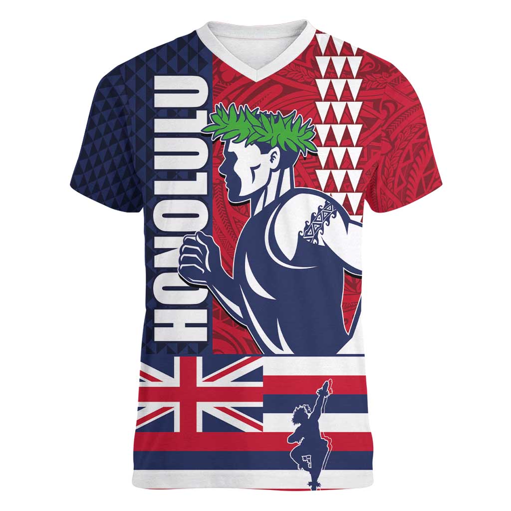 Honolulu Running 2024 Women V-Neck T-Shirt Marathon Competition Hula Runner and Kakau Art Tattoo