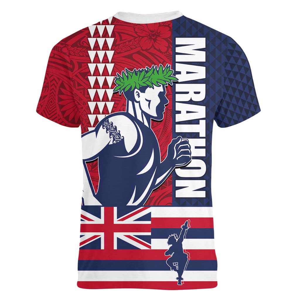 Honolulu Running 2024 Women V-Neck T-Shirt Marathon Competition Hula Runner and Kakau Art Tattoo