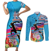 Honolulu Anniversary 52nd Running Couples Matching Short Sleeve Bodycon Dress and Long Sleeve Button Shirt Marathon Competition Kakau Pattern Blue Color
