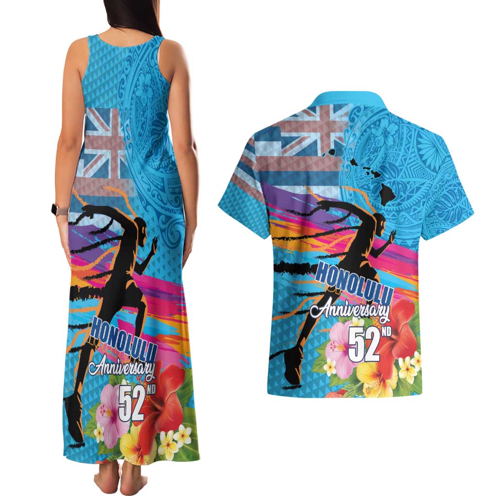Honolulu Anniversary 52nd Running Couples Matching Tank Maxi Dress and Hawaiian Shirt Marathon Competition Kakau Pattern Blue Color