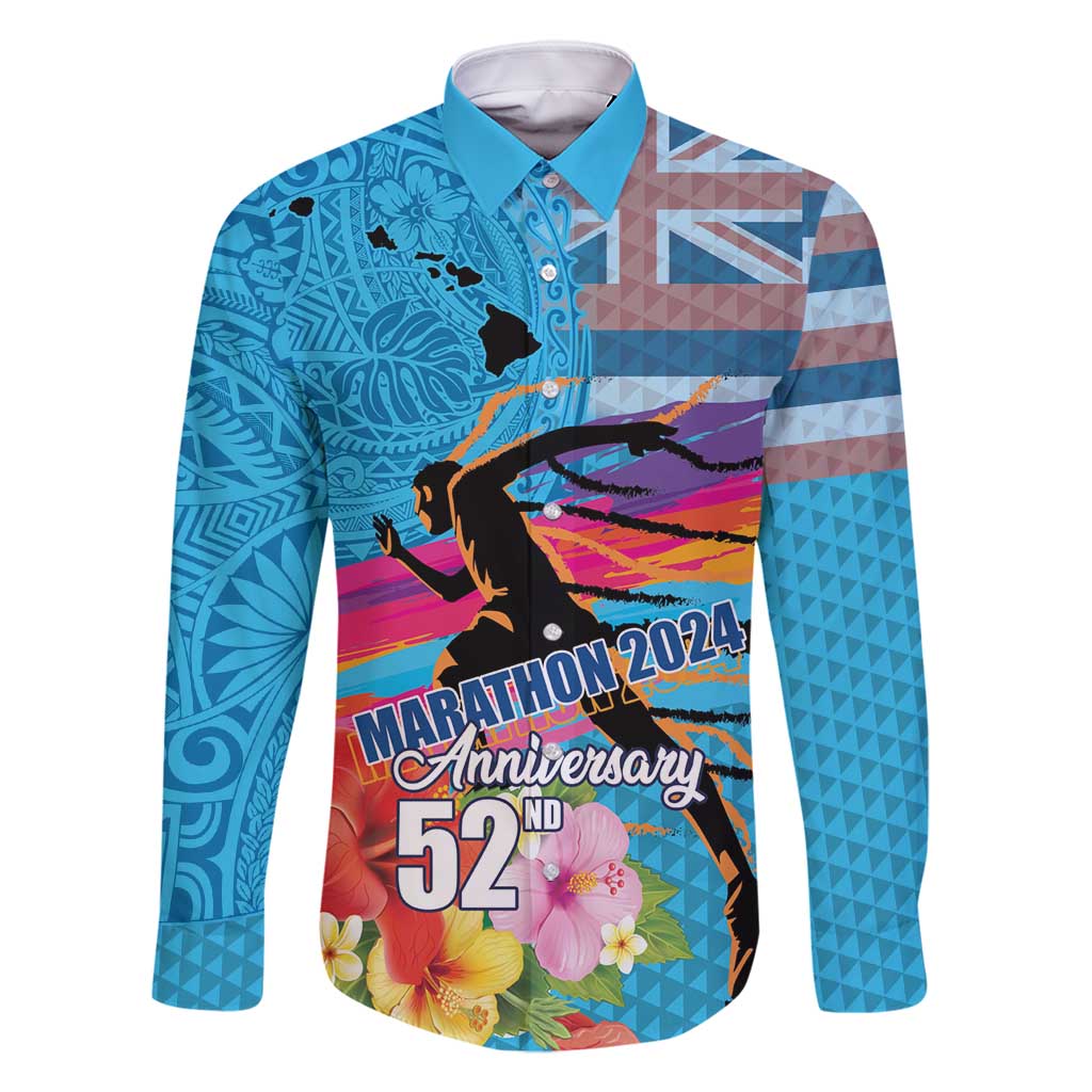 Honolulu Anniversary 52nd Running Family Matching Mermaid Dress and Hawaiian Shirt Marathon Competition Kakau Pattern Blue Color LT03 Dad's Shirt - Long Sleeve Blue - Polynesian Pride