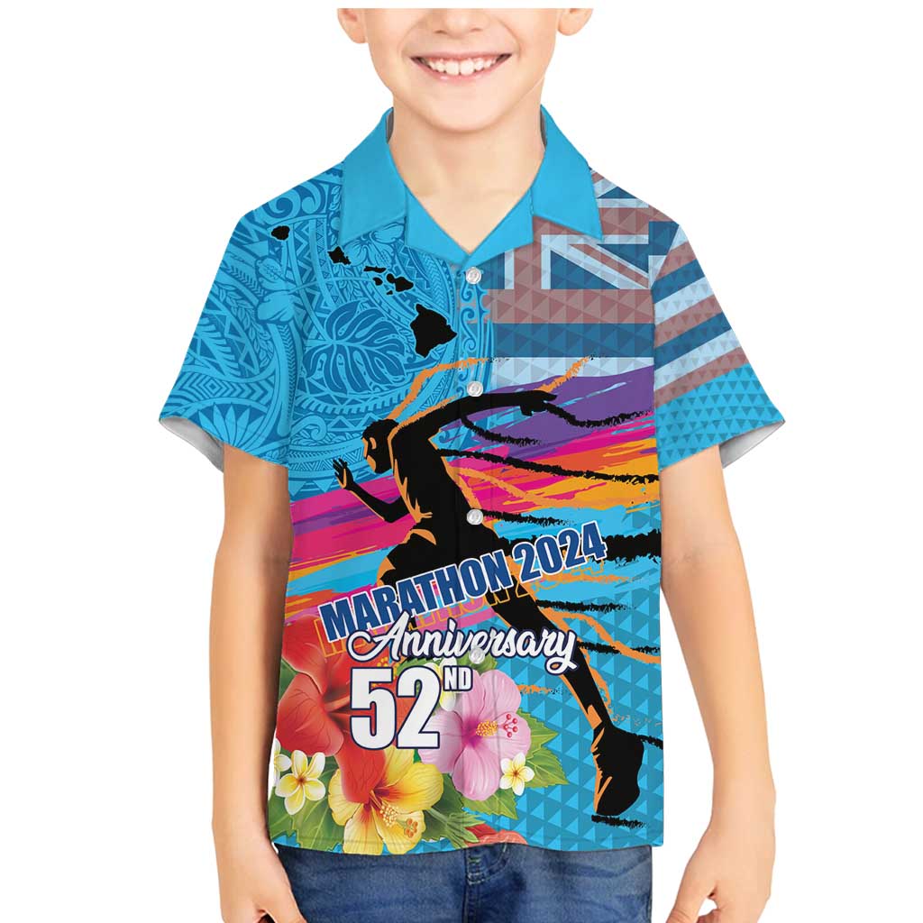 Honolulu Anniversary 52nd Running Family Matching Mermaid Dress and Hawaiian Shirt Marathon Competition Kakau Pattern Blue Color LT03 Son's Shirt Blue - Polynesian Pride