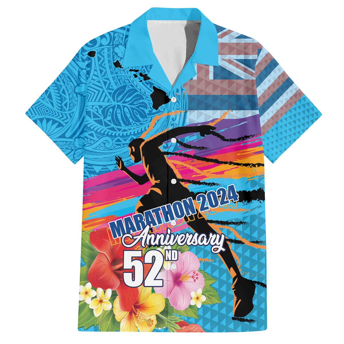 Honolulu Anniversary 52nd Running Family Matching Off The Shoulder Long Sleeve Dress and Hawaiian Shirt Marathon Competition Kakau Pattern Blue Color LT03 Dad's Shirt - Short Sleeve Blue - Polynesian Pride
