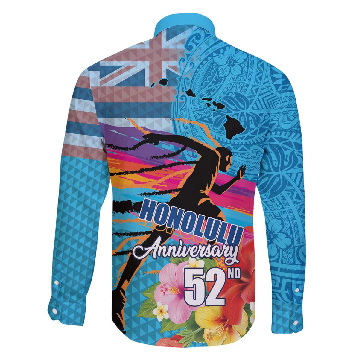 Honolulu Anniversary 52nd Running Family Matching Off The Shoulder Long Sleeve Dress and Hawaiian Shirt Marathon Competition Kakau Pattern Blue Color LT03 - Polynesian Pride