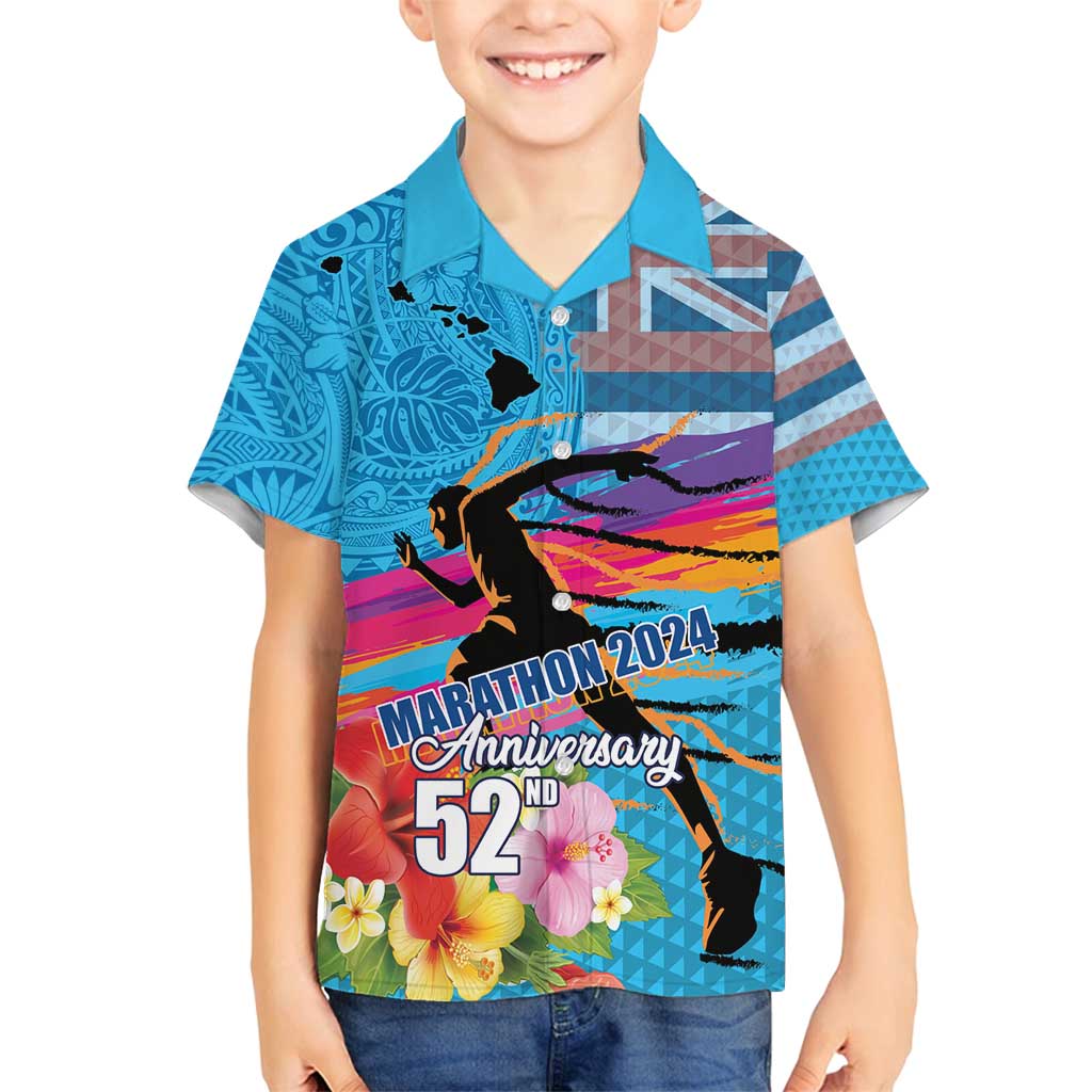 Honolulu Anniversary 52nd Running Family Matching Puletasi and Hawaiian Shirt Marathon Competition Kakau Pattern Blue Color
