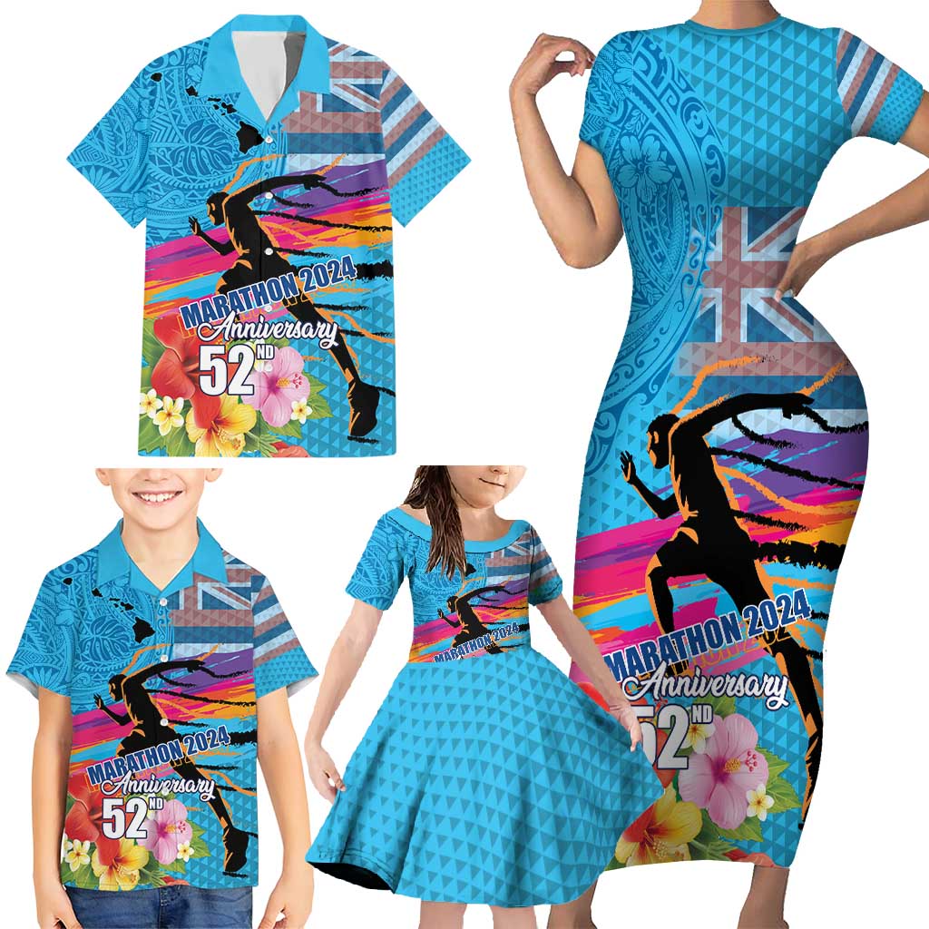 Honolulu Anniversary 52nd Running Family Matching Short Sleeve Bodycon Dress and Hawaiian Shirt Marathon Competition Kakau Pattern Blue Color LT03 - Polynesian Pride