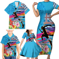 Honolulu Anniversary 52nd Running Family Matching Short Sleeve Bodycon Dress and Hawaiian Shirt Marathon Competition Kakau Pattern Blue Color LT03 - Polynesian Pride