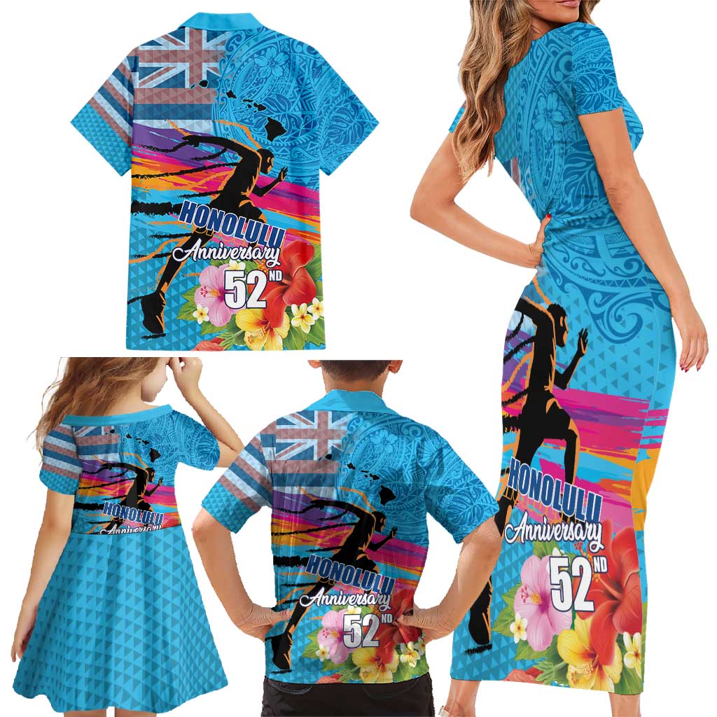 Honolulu Anniversary 52nd Running Family Matching Short Sleeve Bodycon Dress and Hawaiian Shirt Marathon Competition Kakau Pattern Blue Color LT03 - Polynesian Pride
