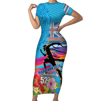 Honolulu Anniversary 52nd Running Family Matching Short Sleeve Bodycon Dress and Hawaiian Shirt Marathon Competition Kakau Pattern Blue Color LT03 Mom's Dress Blue - Polynesian Pride