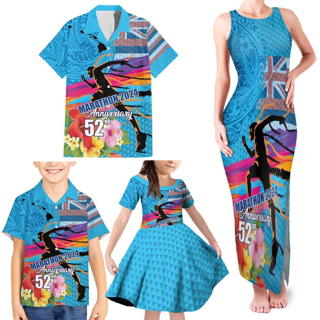 Honolulu Anniversary 52nd Running Family Matching Tank Maxi Dress and Hawaiian Shirt Marathon Competition Kakau Pattern Blue Color LT03 - Polynesian Pride