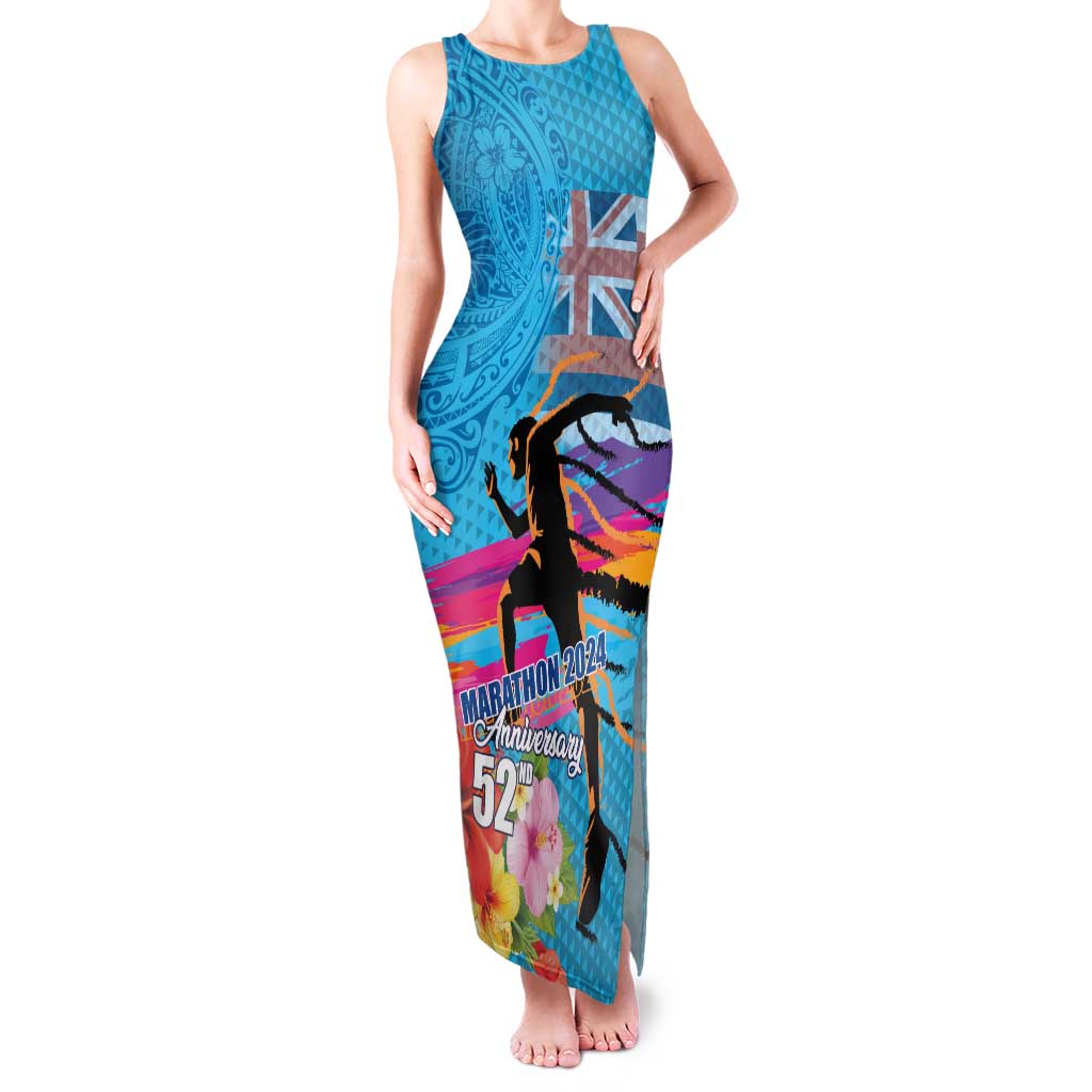 Honolulu Anniversary 52nd Running Family Matching Tank Maxi Dress and Hawaiian Shirt Marathon Competition Kakau Pattern Blue Color LT03 Mom's Dress Blue - Polynesian Pride